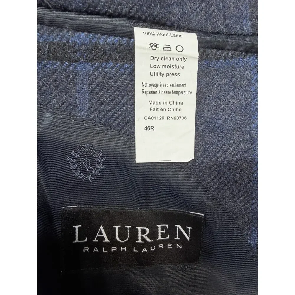 Lauren Ralph Lauren 100% Wool Plaid Blazer Sport Coat Blue Navy Mens Sz 46R